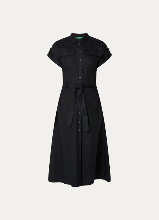 Benetton Midi blouse jurk van linnen met strikceintuur  - voorkant zwart