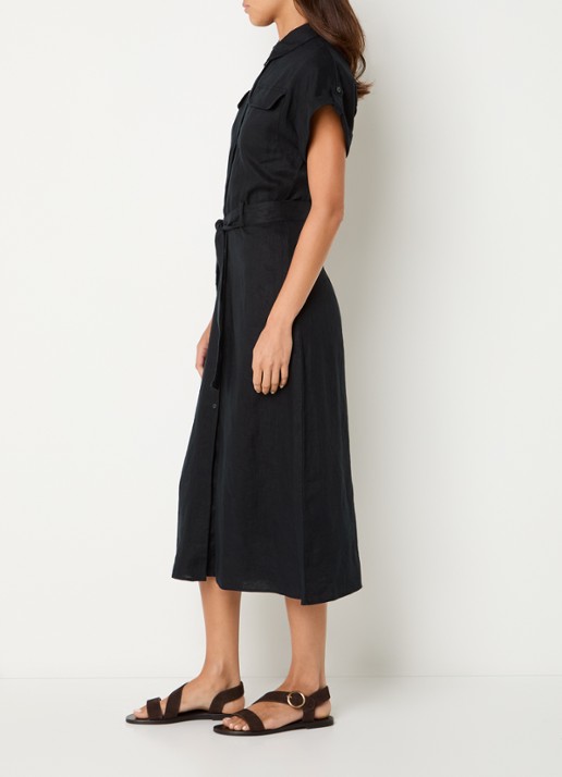 Benetton Midi blouse jurk van linnen met strikceintuur  - voorkant 2 zwart