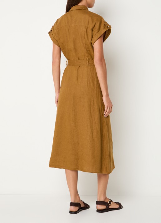 Benetton Midi blouse jurk van linnen met strikceintuur  - achterkant 4 camel