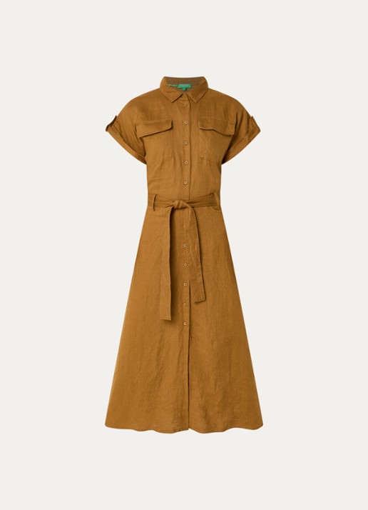 Benetton Midi blouse jurk van linnen met strikceintuur  - voorkant 2 camel