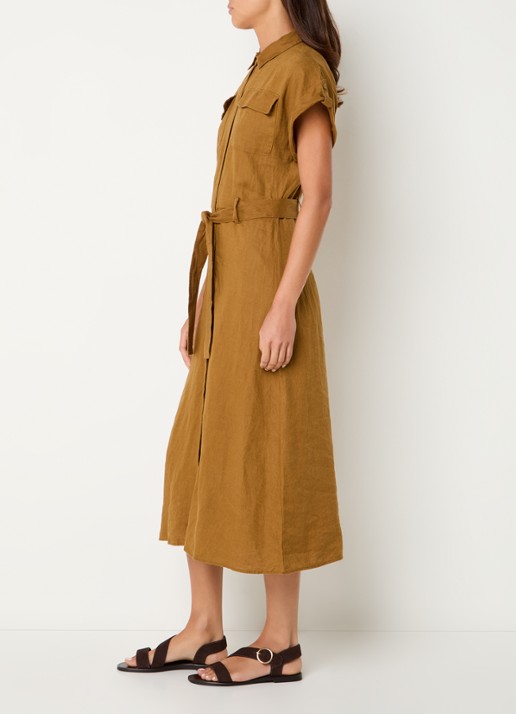 Benetton Midi blouse jurk van linnen met strikceintuur  - voorkant 3 camel