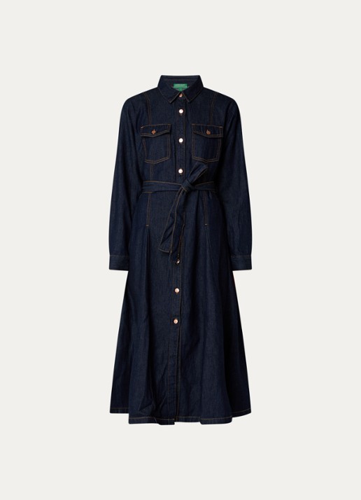 Benetton Midi blousejurk van denim met strikceintuur - voorkant indigo