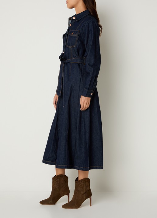 Benetton Midi blousejurk van denim met strikceintuur - voorkant 2 indigo