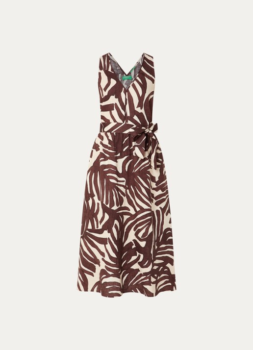 Benetton Midi jurk met strikceintuur en print - voorkant 2 bruin