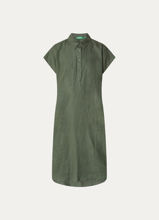Benetton Midi jurk van linnen met steekzakken - voorkant 3 legergroen