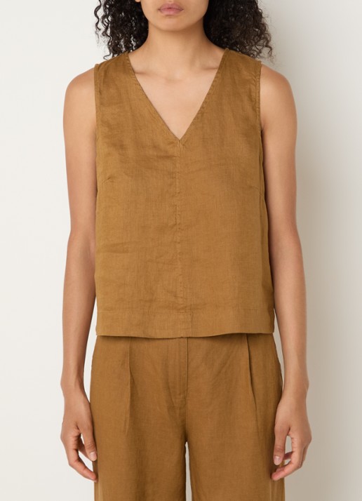 Benetton Mouwloze top in linnenblend met V-hals - detail camel