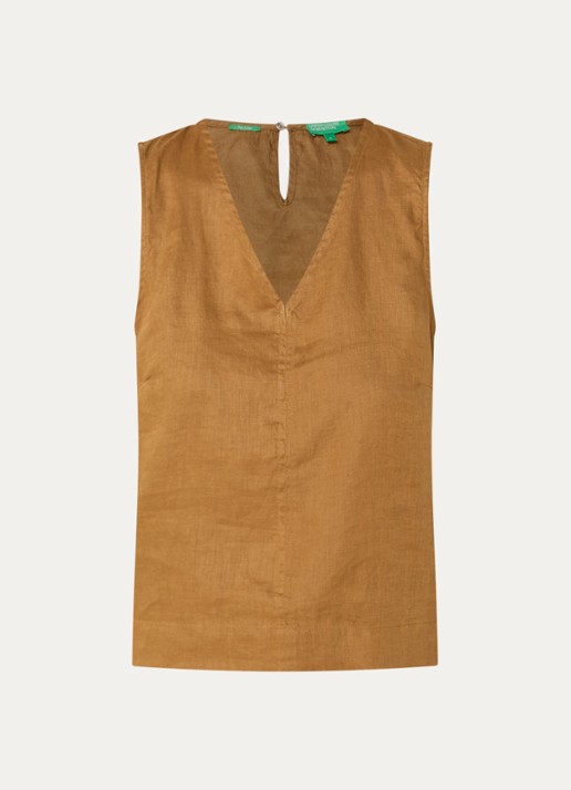 Benetton Mouwloze top in linnenblend met V-hals - voorkant 2 camel