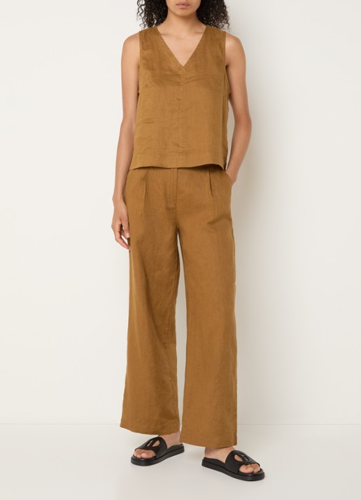 Benetton Mouwloze top in linnenblend met V-hals - voorkant 3 camel