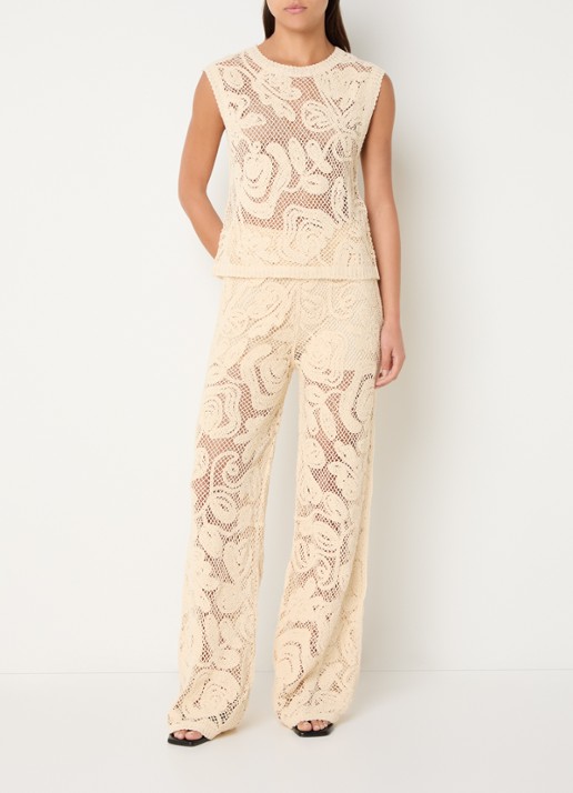 Benetton Mouwloze top met opengewerkt dessin - voorkant 2 beige