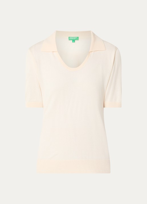 Benetton Semi-transparante polo in zijdeblend met ronde hals - voorkant 3 creme