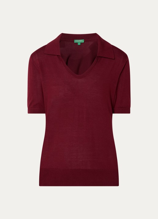 Benetton Semi-transparante polo in zijdeblend met ronde hals - voorkant 2 bordeauxrood