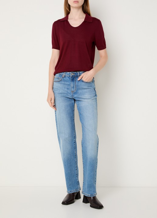Benetton Semi-transparante polo in zijdeblend met ronde hals - voorkant 3 bordeauxrood