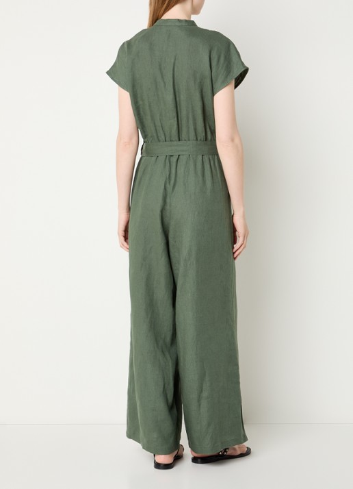 Benetton Straight fit jumpsuit van linnen met strikceintuur - achterkant legergroen