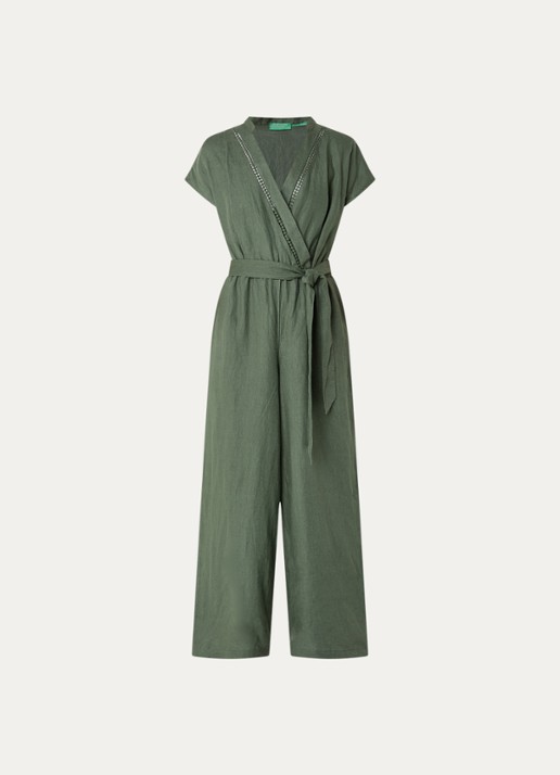 Benetton Straight fit jumpsuit van linnen met strikceintuur - voorkant 3 legergroen