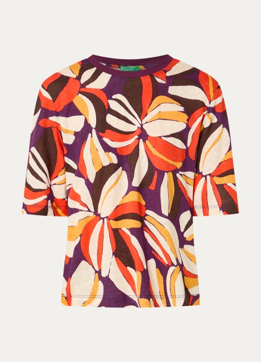 Benetton T-shirt in linnenblend met print - voorkant 3 orange