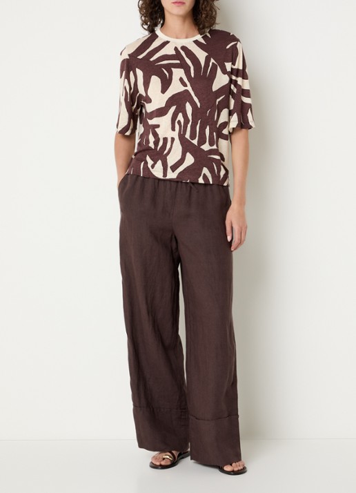 Benetton T-shirt in linnenblend met print - voorkant 3 oranjebruin