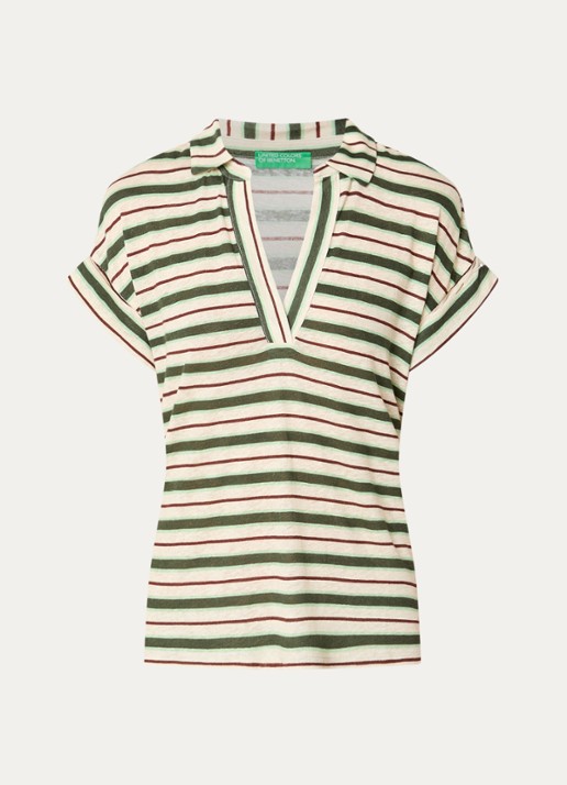 Benetton T-shirt in linnenblend met streepprint en polokraag - voorkant 2 creme