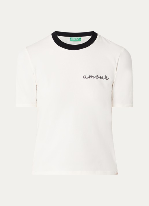 Benetton T-shirt met logo en pailletten - voorkant creme