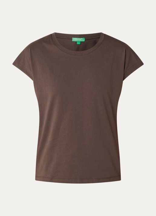 Benetton T-shirt met ronde hals en split - voorkant lichtbruin