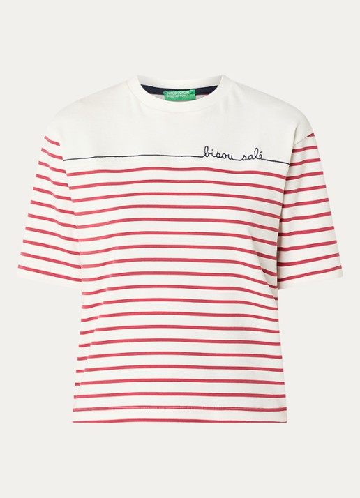 Benetton T-shirt met streepprint en borduring - voorkant steenrood
