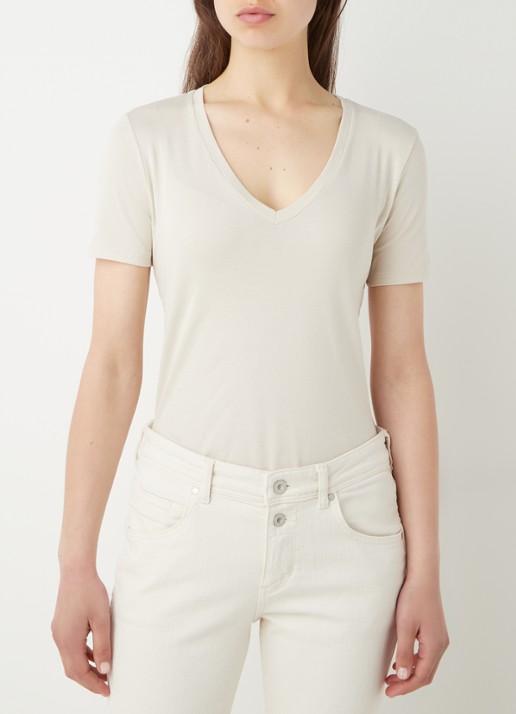 Benetton T-shirt van katoen met V-hals - detail beige