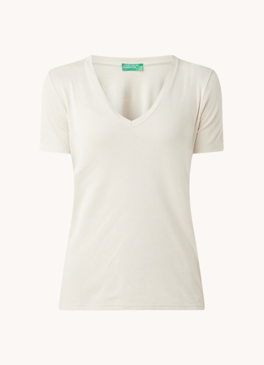 Benetton T-shirt van katoen met V-hals - voorkant 3 beige