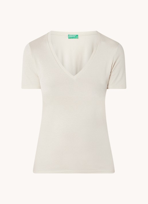 Benetton T-shirt van katoen met V-hals - voorkant 2 zand
