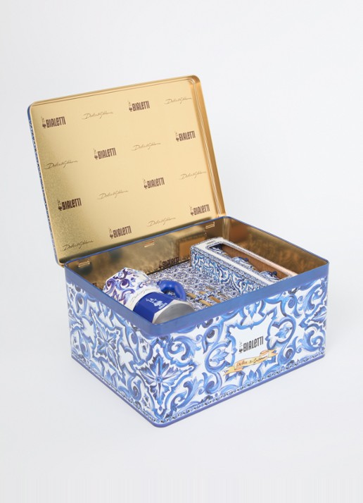 Bialetti Dolce & Gabbana Moka Express percolator 3-kops in geschenkverpakking 7-delig - detail royalblauw
