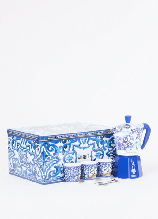 Bialetti Dolce & Gabbana Moka Express percolator 6-kops in geschenkverpakking 7-delig - voorkant 3 blauw