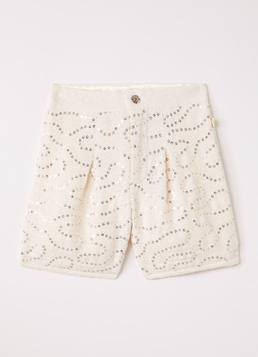 Billieblush Straight fit korte broek van bouclé met pailletten - voorkant ivoor