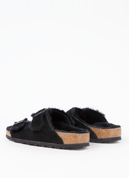 Birkenstock Arizona slipper met voering van lamswol - achterkant zwart