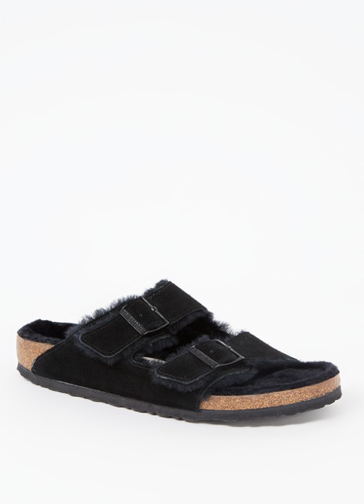 Birkenstock Arizona slipper met voering van lamswol - voorkant 2 zwart
