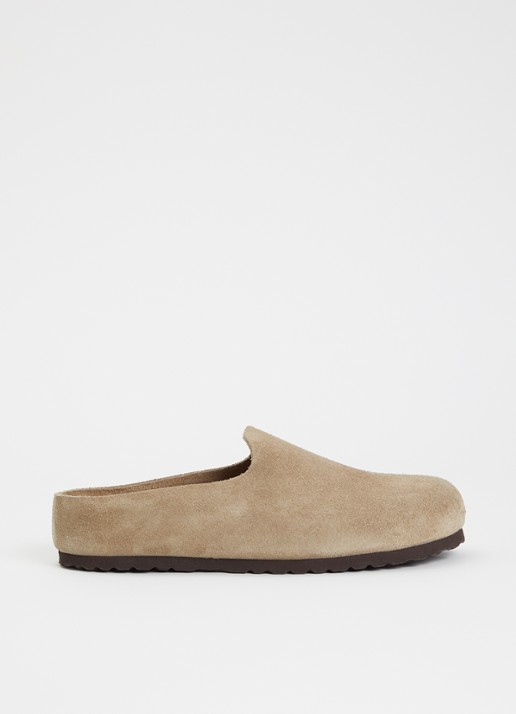 Birkenstock Narrow Fit Amsterdam Wrapped muiltje van suède - voorkant taupe