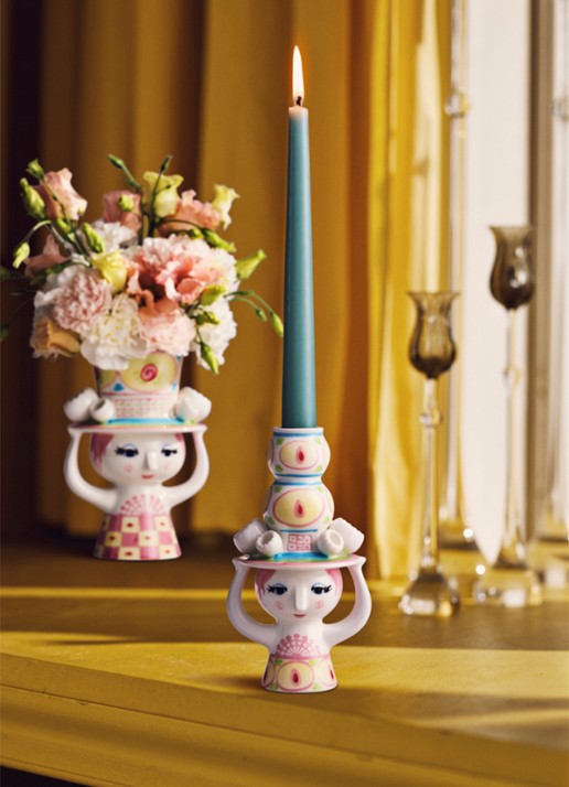 Bjørn Wiinblad Dame met hoed kandelaar 16 cm - voorkant 4 multicolor