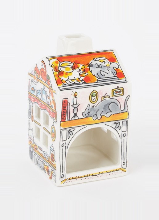 Blond Amsterdam Cat Lover waxinelichthouder 14 cm - voorkant 2 wit