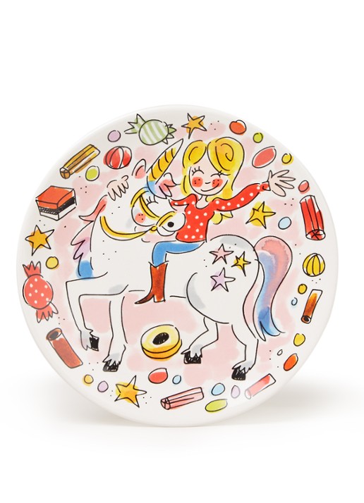 Blond Amsterdam Unicorn gebaksbord 18 cm - voorkant roze