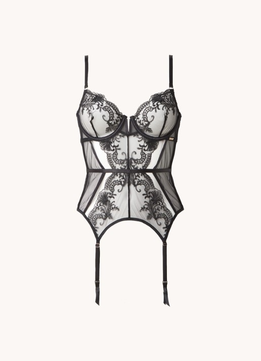Bluebella Marseille bustier van mesh met beugel en jarretels - voorkant zwart