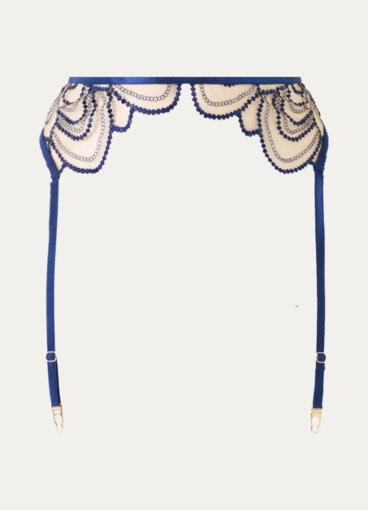 Bluebella Soraya jarretels van mesh met borduring - voorkant 2 donkerblauw