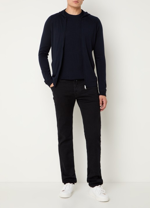 Boggi Milano Fijngebreid vest van wol met capuchon - voorkant 3 donkerblauw
