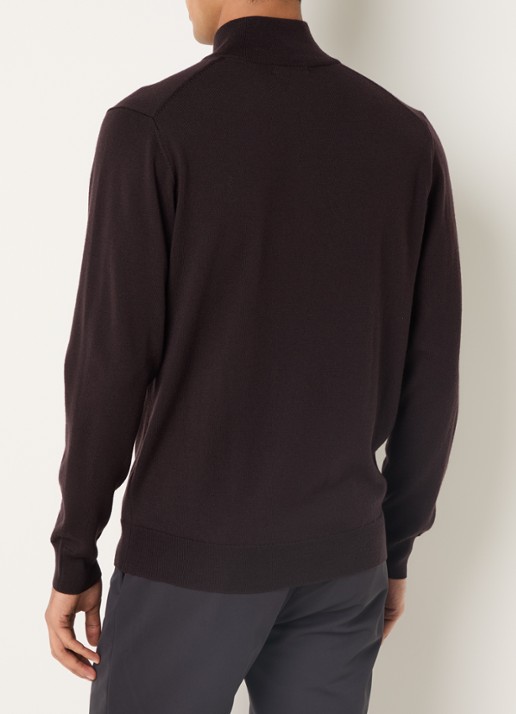 Boggi Milano Fijngebreide pullover van wol met halve rits - achterkant 2 donkerbruin