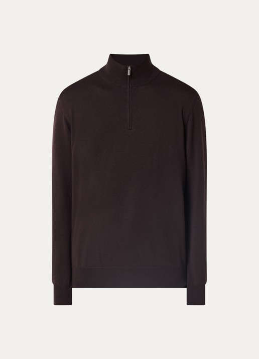 Boggi Milano Fijngebreide pullover van wol met halve rits - voorkant 3 donkerbruin