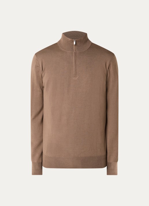 Boggi Milano Fijngebreide pullover van wol met halve rits - voorkant 2 lichtbruin