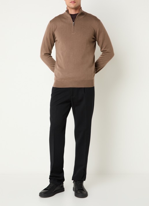 Boggi Milano Fijngebreide pullover van wol met halve rits - voorkant 3 lichtbruin