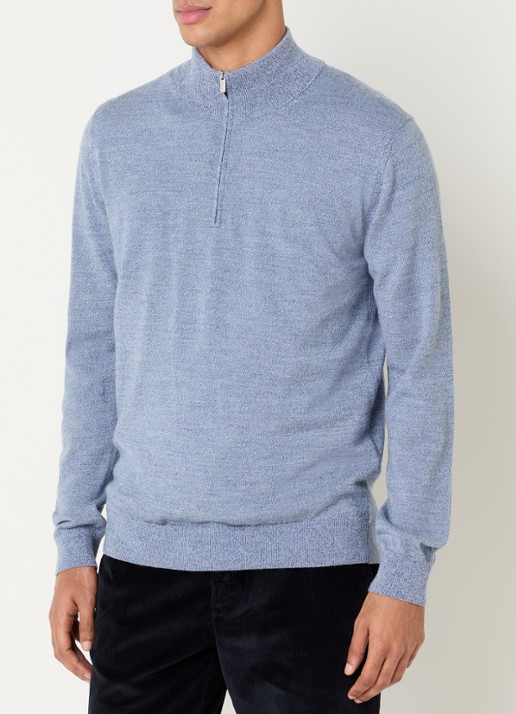 Boggi Milano Fijngebreide pullover van wol met halve rits - detail blauw