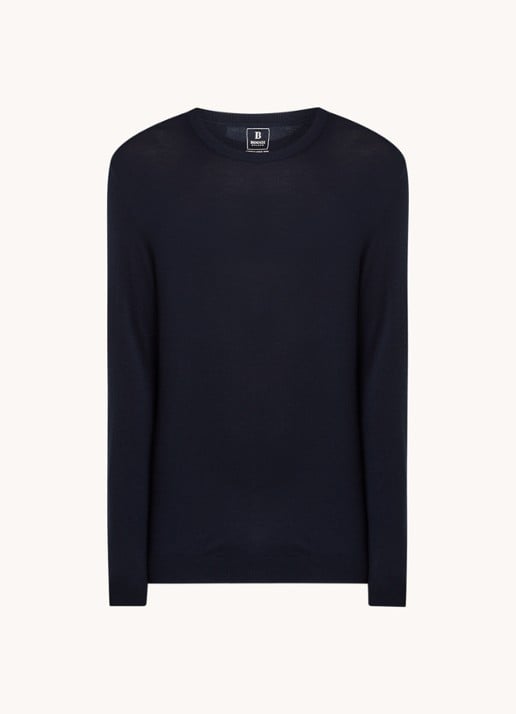 Boggi Milano Fijngebreide pullover van wol met ronde hals - voorkant donkerblauw