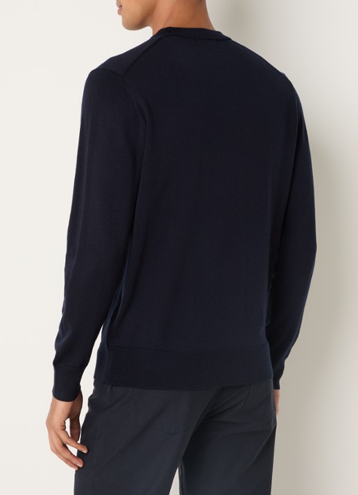 Boggi Milano Fijngebreide pullover van wol met ronde hals - achterkant donkerblauw