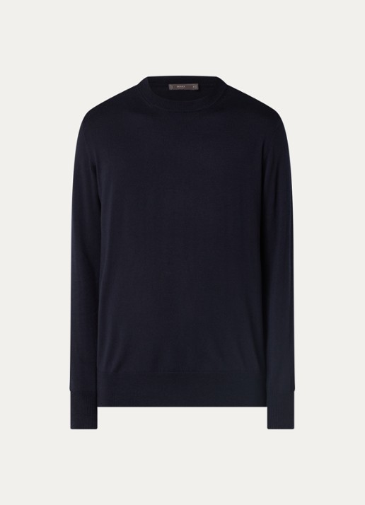 Boggi Milano Fijngebreide pullover van wol met ronde hals - voorkant 2 donkerblauw