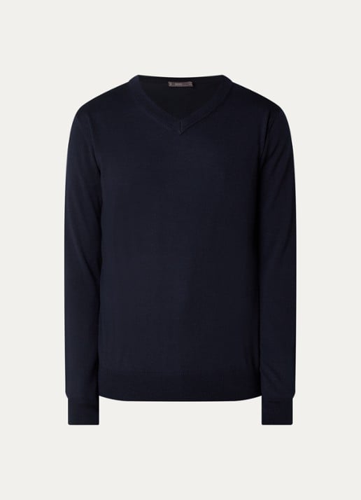 Boggi Milano Fijngebreide pullover van wol - voorkant 3 donkerblauw