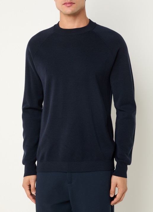 Boggi Milano Fijngebreide trui van wol met ronde hals - detail donkerblauw