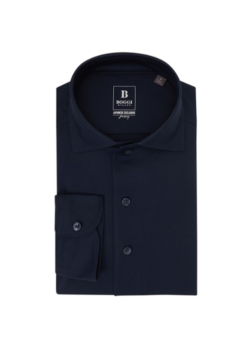Boggi Milano Regular fit overhemd met stretch - voorkant donkerblauw